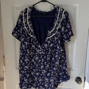 Lane Bryant Navy and White Floral V-Neck Blouse with Ruffle Details